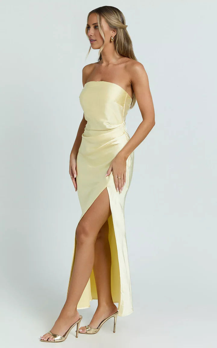 Pale Yellow Strapless Ruched High-Slit Floor-Length Prom Dress