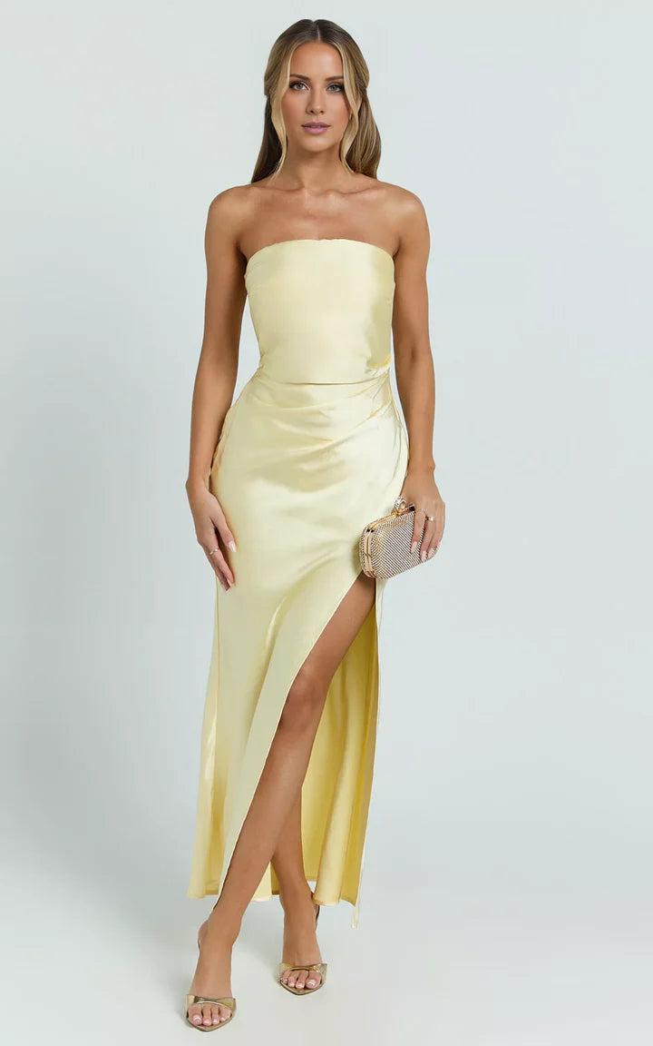 Pale Yellow Strapless Ruched High-Slit Floor-Length Prom Dress