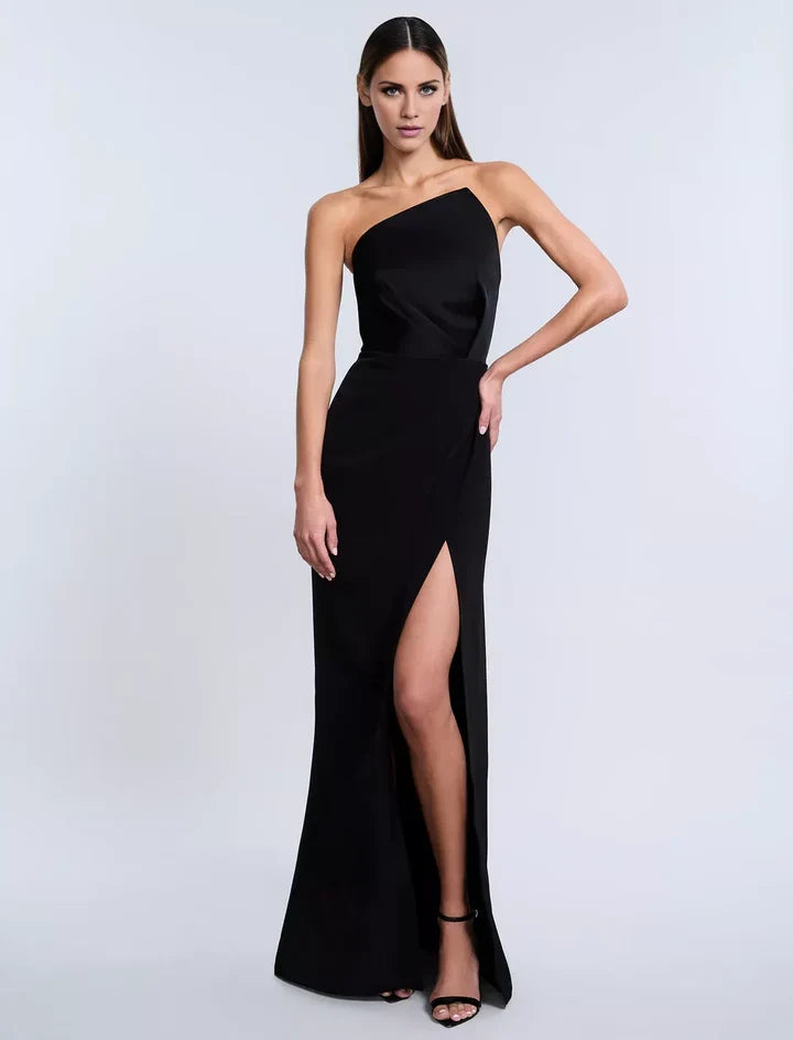 Black Asymmetric Strapless Draped High-Slit Mermaid Floor-Length Evening Dress