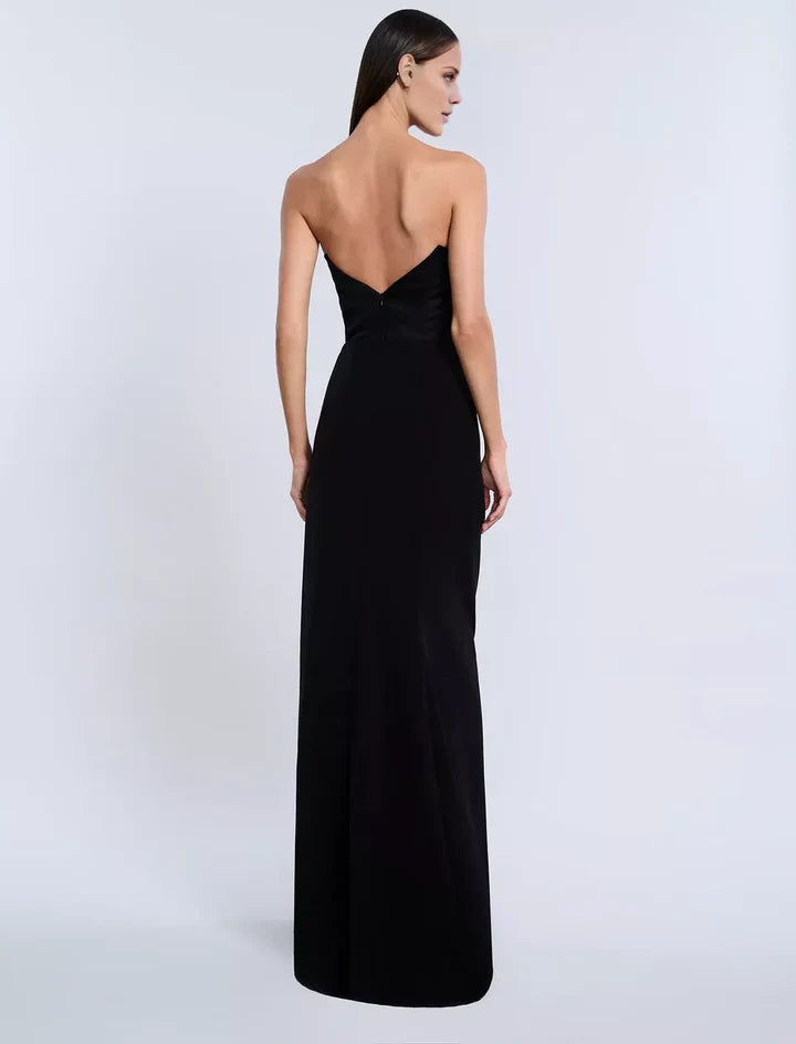 Black Asymmetric Strapless Draped High-Slit Mermaid Floor-Length Evening Dress