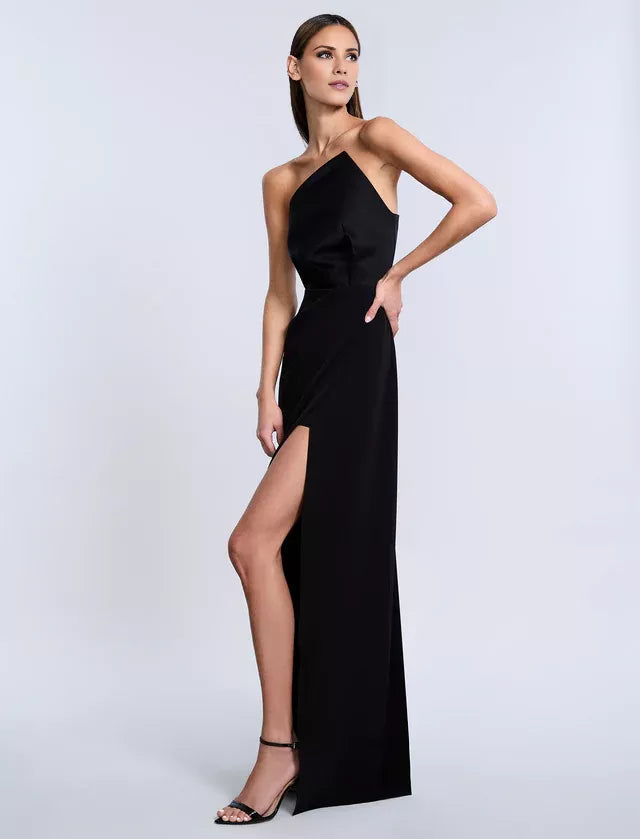 Black Asymmetric Strapless Draped High-Slit Mermaid Floor-Length Evening Dress
