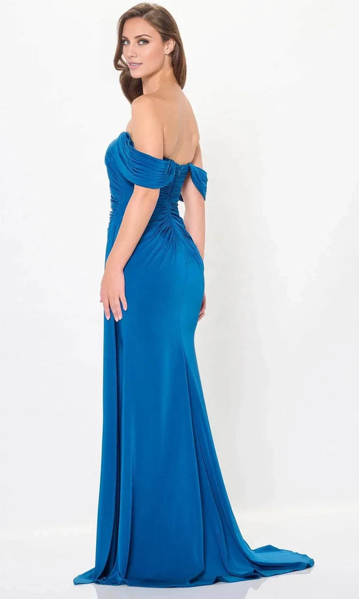 Teal Mermaid Off‑The‑Shoulder Short‑Sleeve Zip‑Back Train‑Length Mother Of The Bride Dress