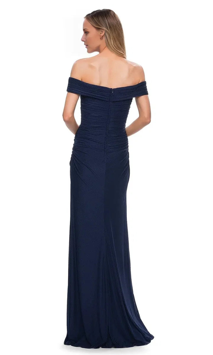 Navy Sheath Off‑The‑Shoulder Short‑Sleeve Zip‑Back Floor‑Length Mother Of The Bride Dress