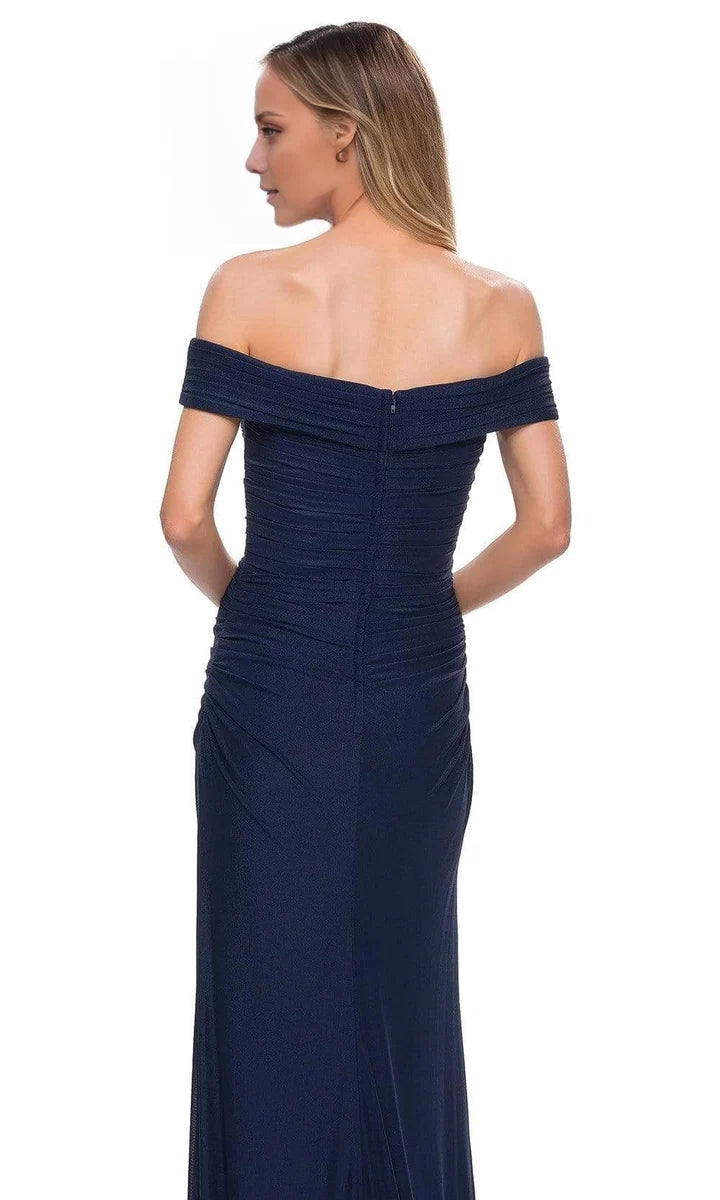 Navy Sheath Off‑The‑Shoulder Short‑Sleeve Zip‑Back Floor‑Length Mother Of The Bride Dress