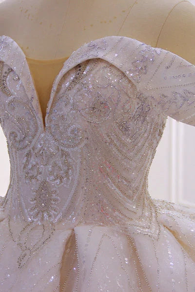 Off the shoulder Champange Puffy ball Gown Sparkle Wedding Dress