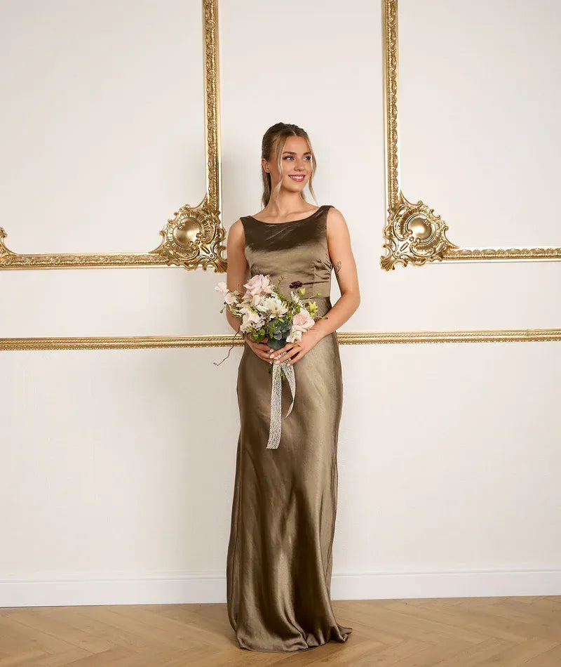 Special Occasion Sophisticated Graceful Stylish Elegant Champagne Satin Cowl Sleeveless Bridesmaid Dress