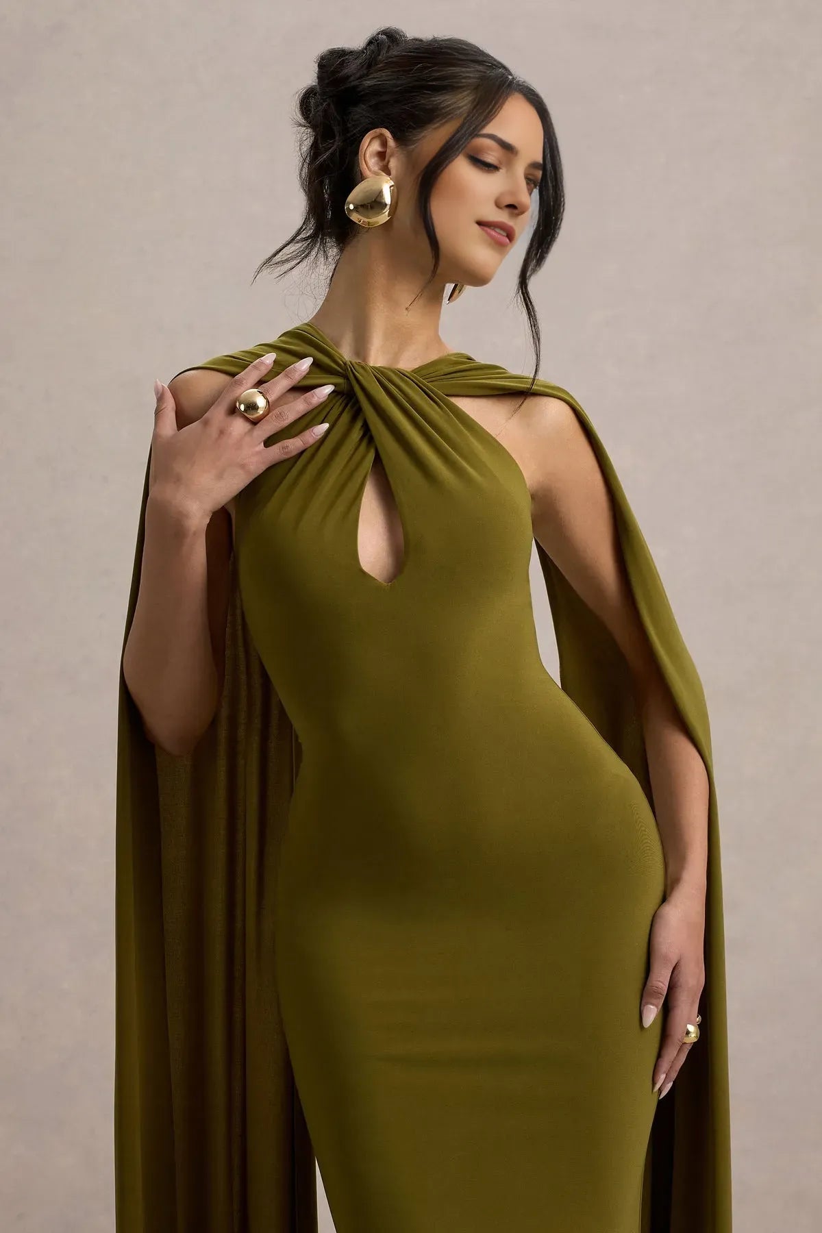 Green Olive Halter Neck Mermaid Prom Dress with Cape Sleeves and Cut - Out Detail for Glamorous Events