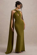 Green Olive Halter Neck Mermaid Prom Dress with Cape Sleeves and Cut - Out Detail for Glamorous Events