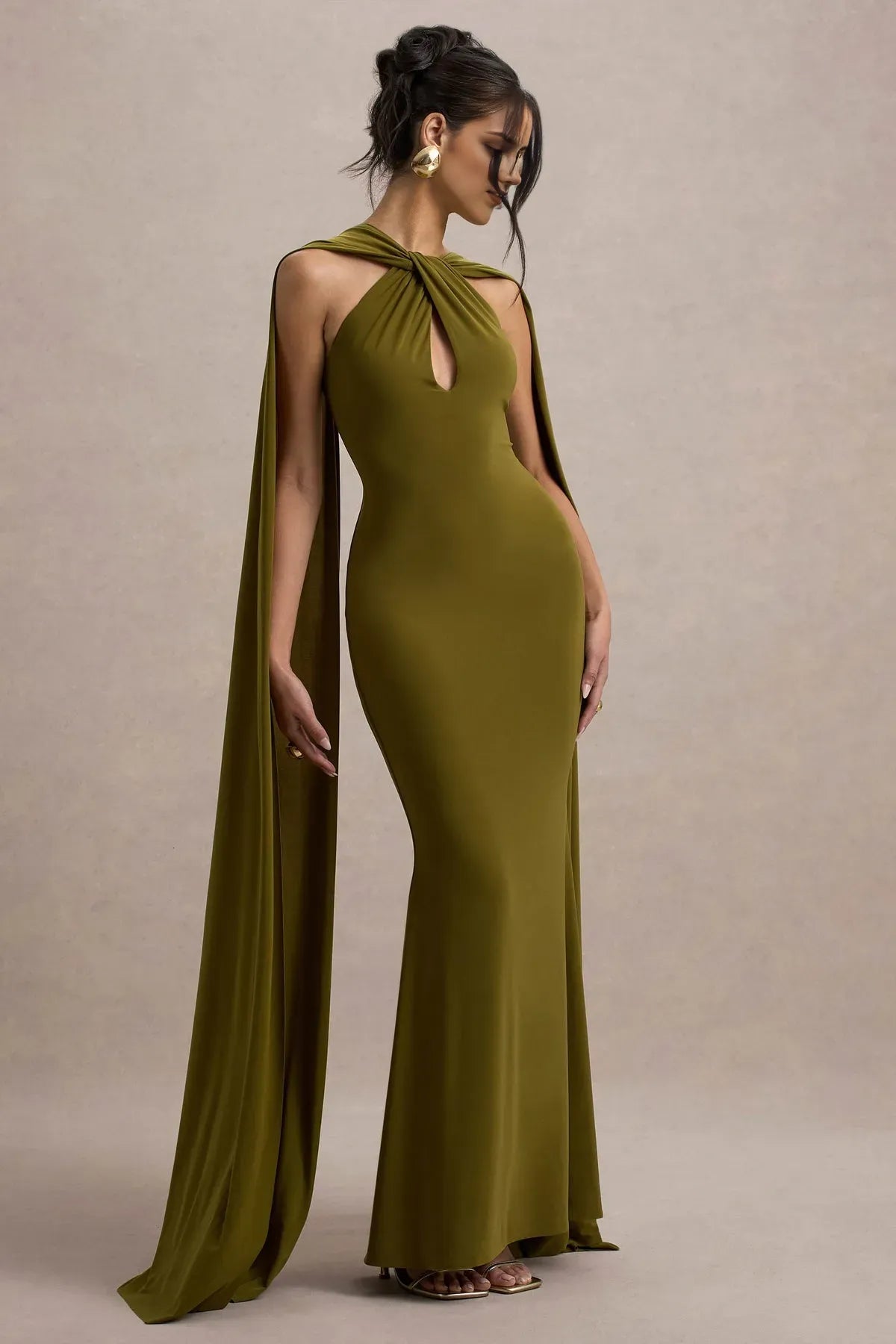 Green Olive Halter Neck Mermaid Prom Dress with Cape Sleeves and Cut - Out Detail for Glamorous Events