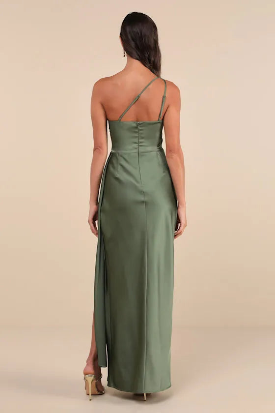 Green Olive One Shoulder Gown with Draped Detail and Side Slit for Elegant Prom Nights