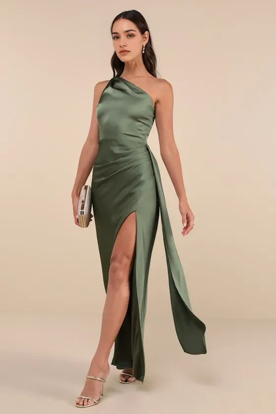 Green Olive One Shoulder Gown with Draped Detail and Side Slit for Elegant Prom Nights