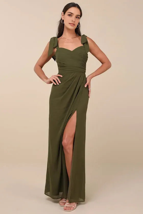 Green Olive Prom Dress with Bow Straps Sweetheart Neck Wrap Ruches and Side Slit for Evening Glamour