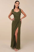 Green Olive Prom Dress with Bow Straps Sweetheart Neck Wrap Ruches and Side Slit for Evening Glamour