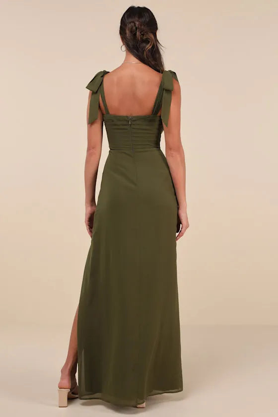 Green Olive Prom Dress with Bow Straps Sweetheart Neck Wrap Ruches and Side Slit for Evening Glamour