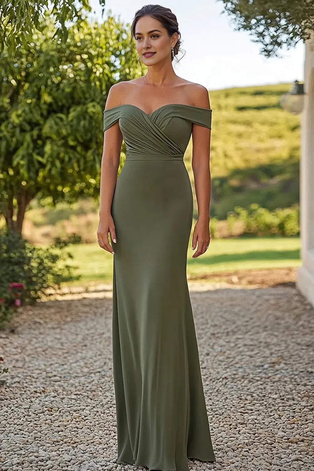 Olive Off the Shoulder Floor Length Mother of the Bride Dress