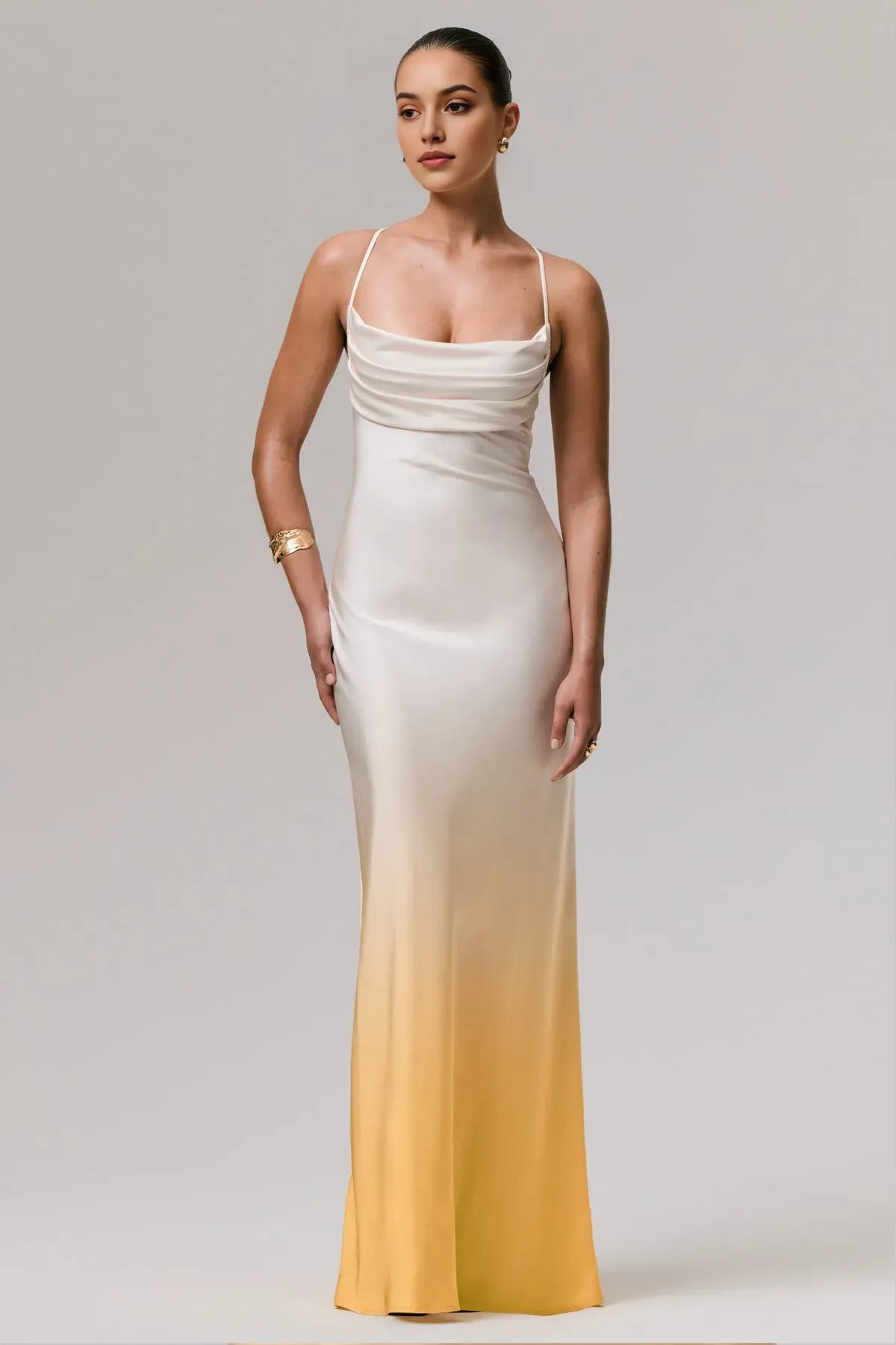 Ombre Cowl Neck Prom Dress with Spaghetti Straps for Elegant Evening Looks