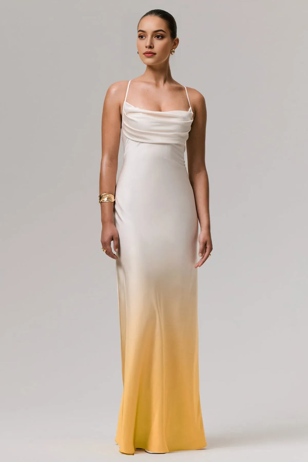 Ombre Cowl Neck Prom Dress with Spaghetti Straps for Elegant Evening Looks