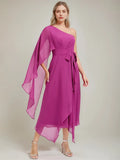 One-Shoulder AsSashymmetrical Ruched Mother of the Bride Dresses with Bow