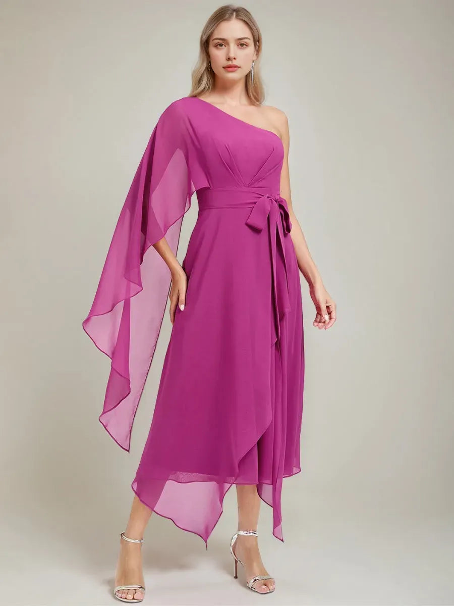 One-Shoulder AsSashymmetrical Ruched Mother of the Bride Dresses with Bow