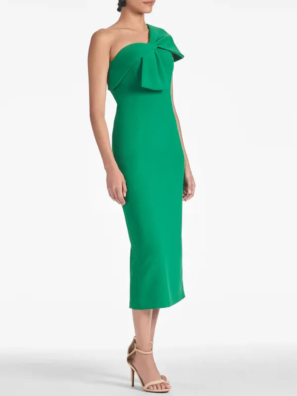 Green One - Shoulder Emerald Homecoming Gown Bow Detail Form Fitting Design