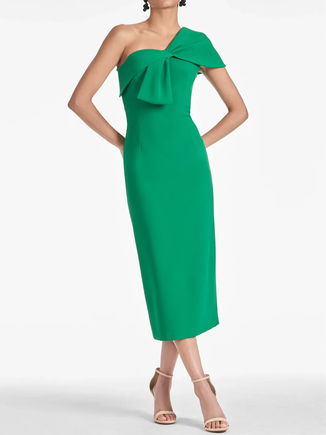 Green One - Shoulder Emerald Homecoming Gown Bow Detail Form Fitting Design