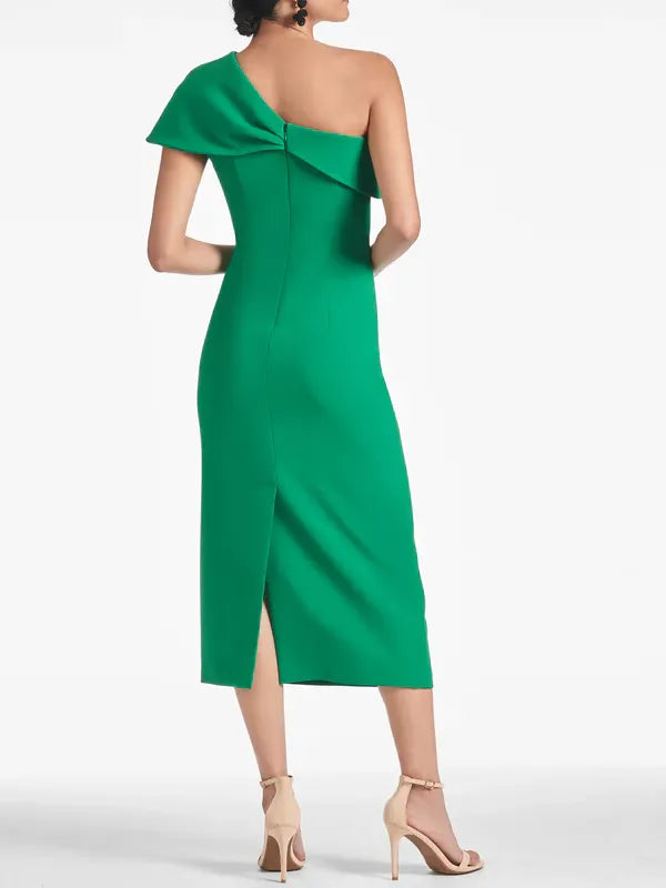 Green One - Shoulder Emerald Homecoming Gown Bow Detail Form Fitting Design