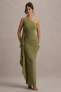 Green One - Shoulder Olive Prom Dress with Asymmetric Draped Ruffles Ruched Waist Elegant Floor - Length Bodycon Gown for Formal Events