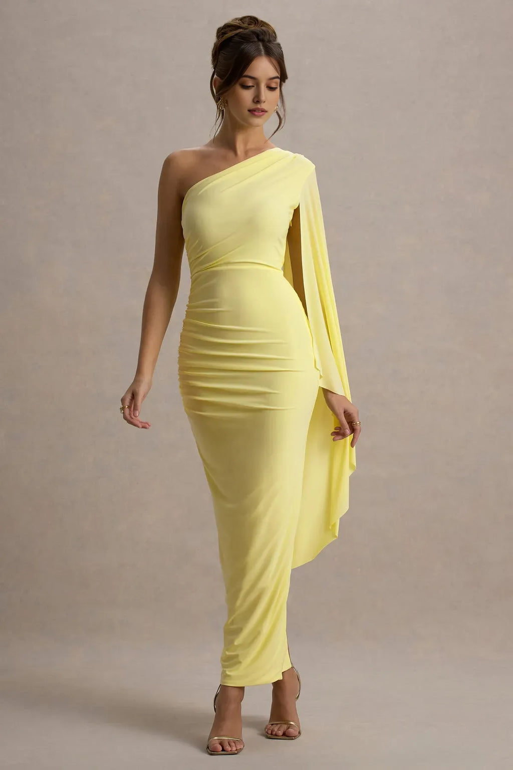 Yellow One - Shoulder Prom Dress with Draped Cape Sleeve Ruched Detail and Figure Hugging Silhouette in Bright