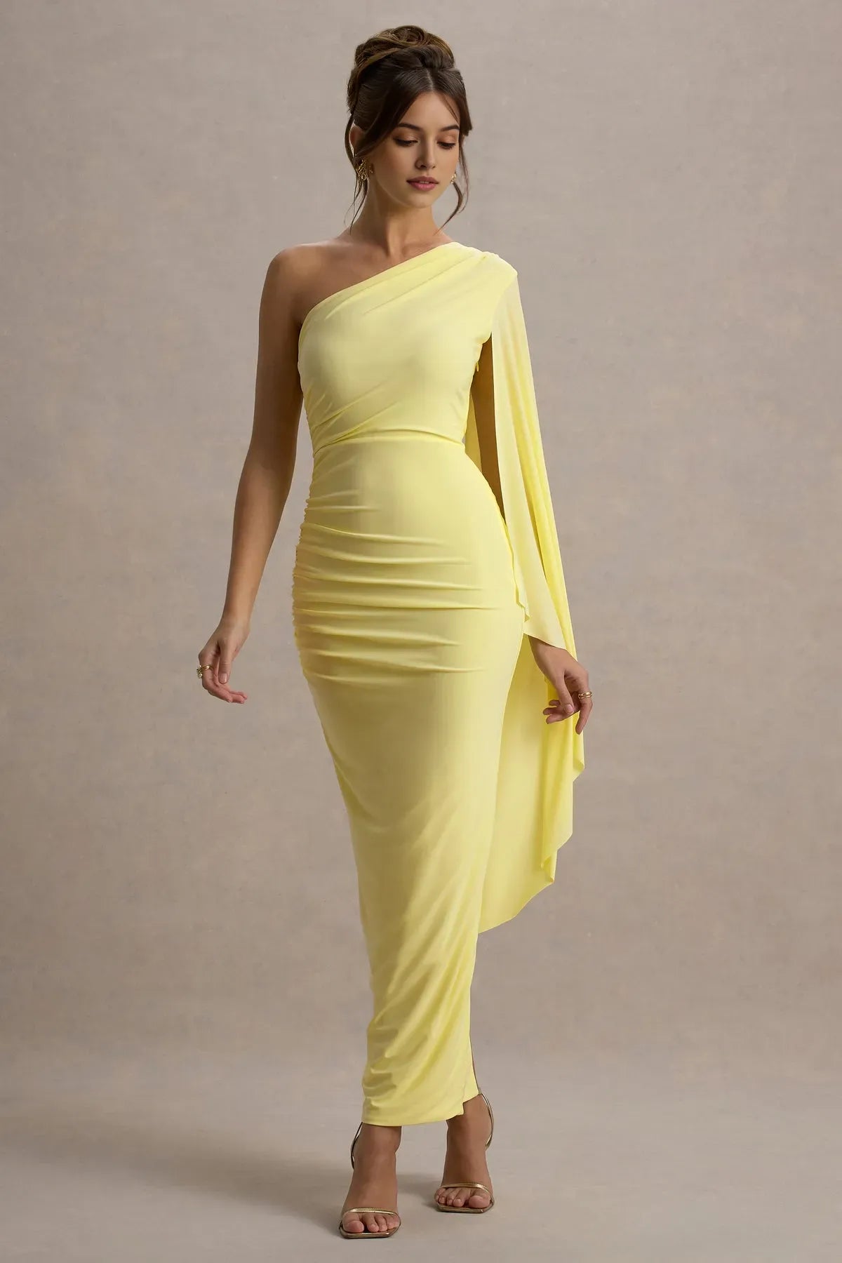 Yellow One - Shoulder Prom Dress with Draped Cape Sleeve Ruched Detail and Figure Hugging Silhouette in Bright