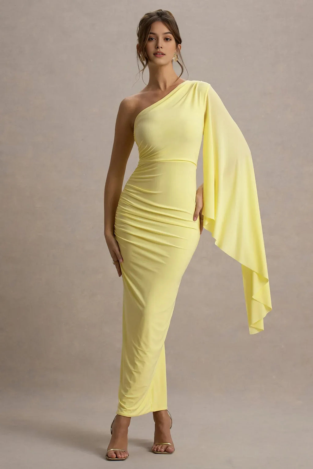 Yellow One - Shoulder Prom Dress with Draped Cape Sleeve Ruched Detail and Figure Hugging Silhouette in Bright