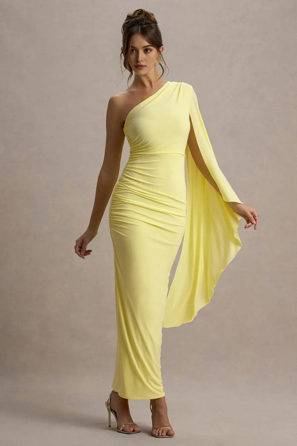 Yellow One - Shoulder Prom Dress with Draped Cape Sleeve Ruched Detail and Figure Hugging Silhouette in Bright