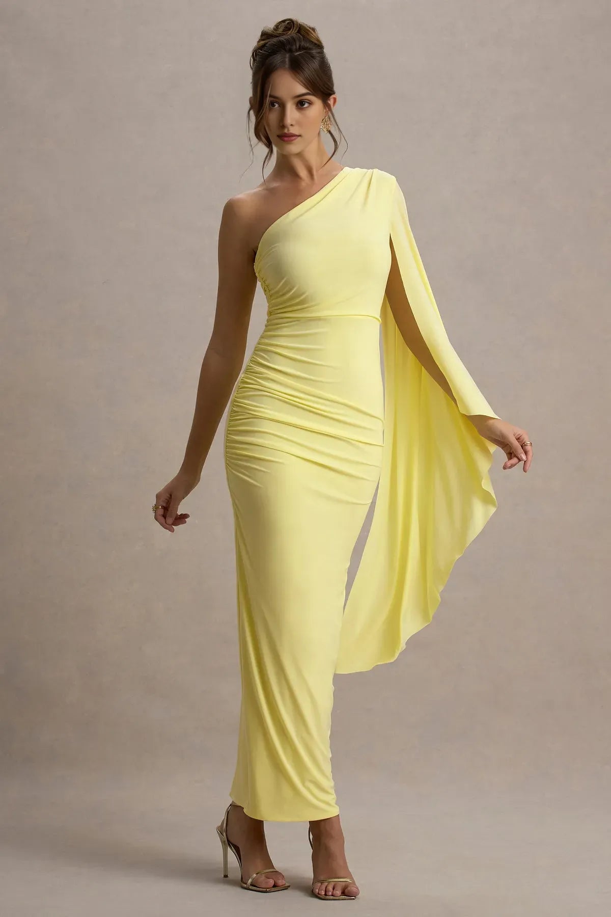 Yellow One - Shoulder Prom Dress with Draped Cape Sleeve Ruched Detail and Figure Hugging Silhouette in Bright