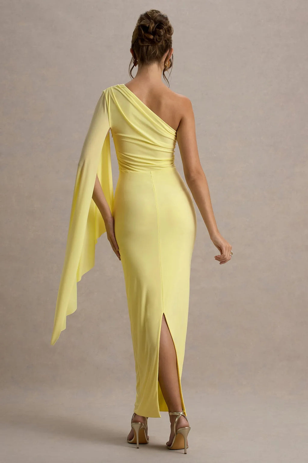Yellow One - Shoulder Prom Dress with Draped Cape Sleeve Ruched Detail and Figure Hugging Silhouette in Bright