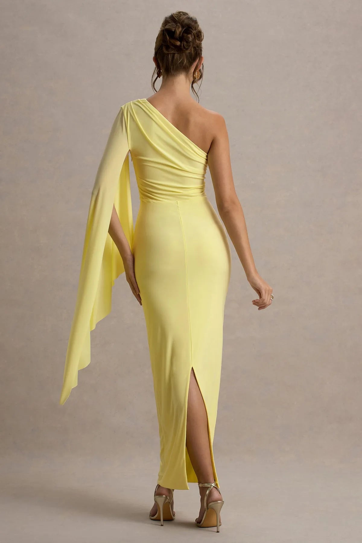 Yellow One - Shoulder Prom Dress with Draped Cape Sleeve Ruched Detail and Figure Hugging Silhouette in Bright