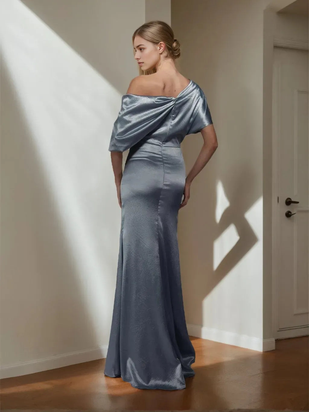 One-Shoulder Short Sleeves Floor-Length Mother of the Bride Dress with Split Side