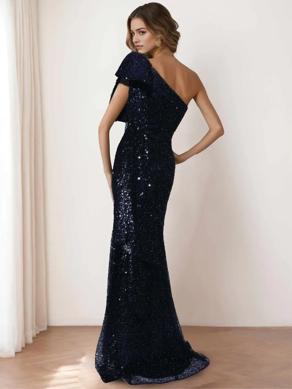 One-Shoulder Sleeveless Floor-Length Long Mother of the Bride Dresses with Bow Side Ruffle