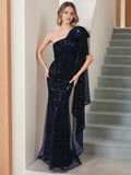 One-Shoulder Sleeveless Floor-Length Long Mother of the Bride Dresses with Bow Side Ruffle