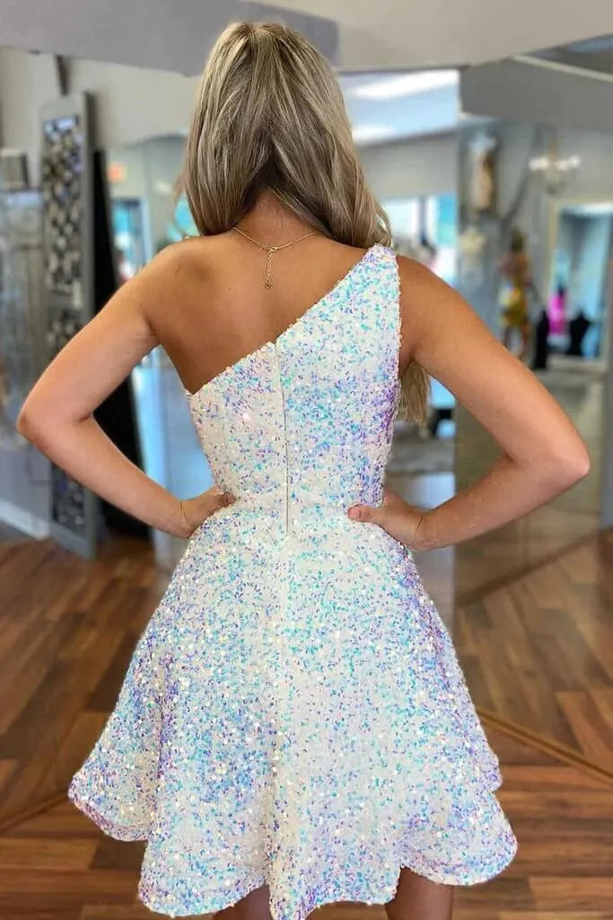 One-Shoulder Sleeveless Sequins Ruffles Homecoming Dresses