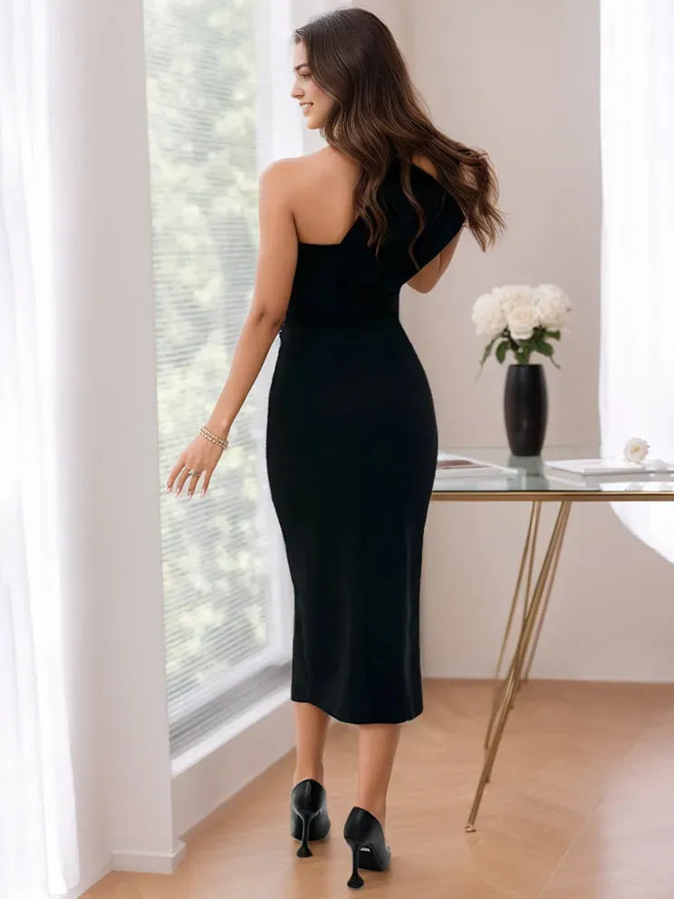 One-shoulder Tea-Length Mother of the Bride Dresses With Split Side Bow