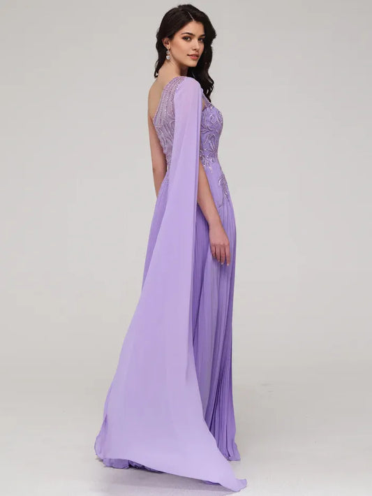 Elegant Red Applique A-Line One-Shoulder Classic-Sleeve Classic-Back Floor-Length Prom Dress