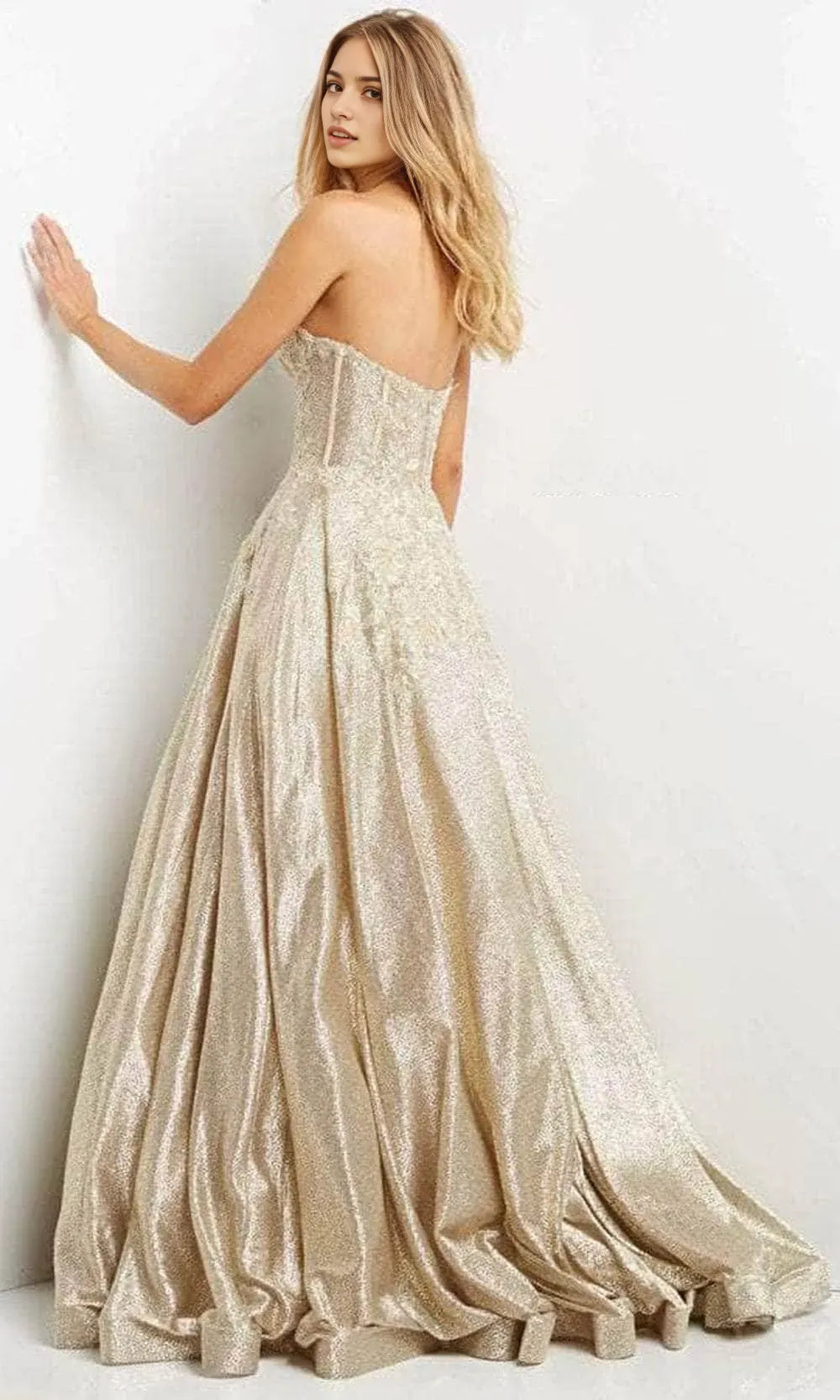 Gold Opulent - Toned Metallic Brocade Prom Dress with Strapless Corset Bodice and Ball Gown Skirt