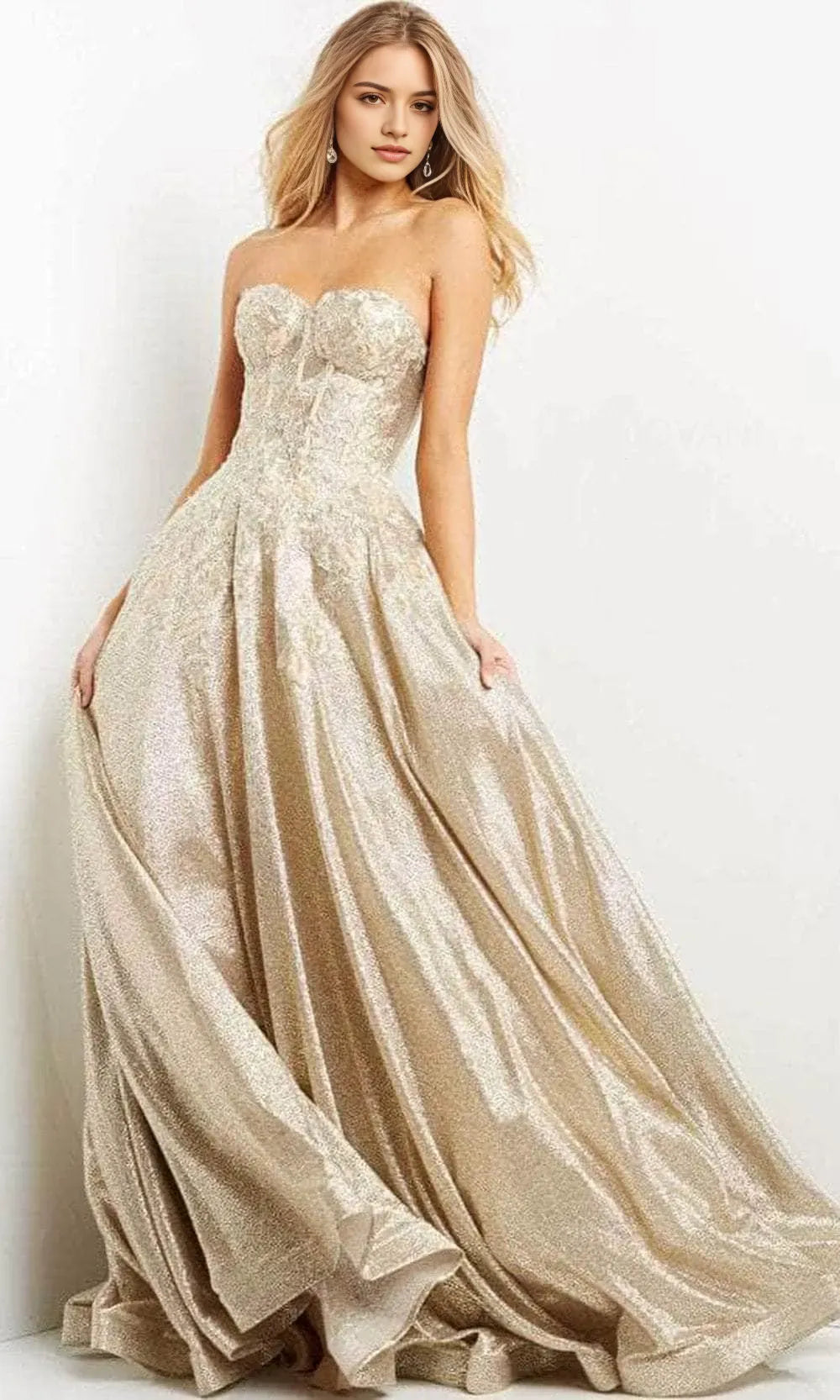 Gold Opulent - Toned Metallic Brocade Prom Dress with Strapless Corset Bodice and Ball Gown Skirt