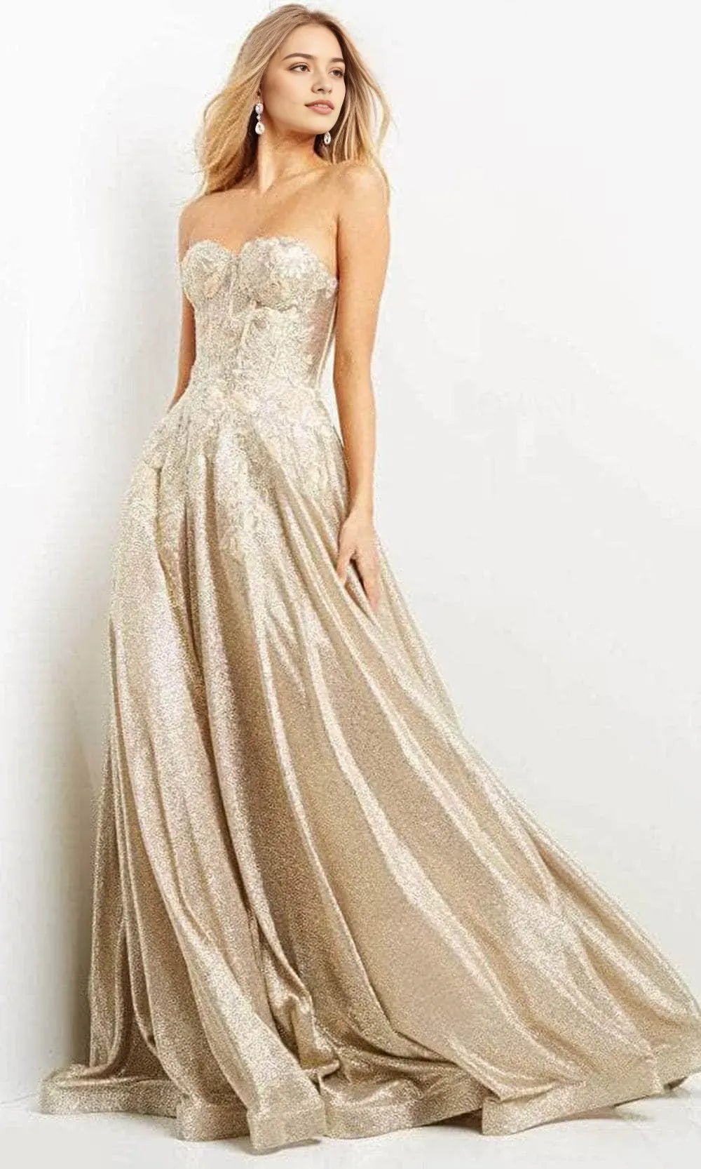 Gold Opulent - Toned Metallic Brocade Prom Dress with Strapless Corset Bodice and Ball Gown Skirt