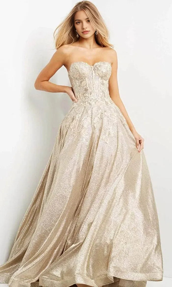 Gold Opulent - Toned Metallic Brocade Prom Dress with Strapless Corset Bodice and Ball Gown Skirt