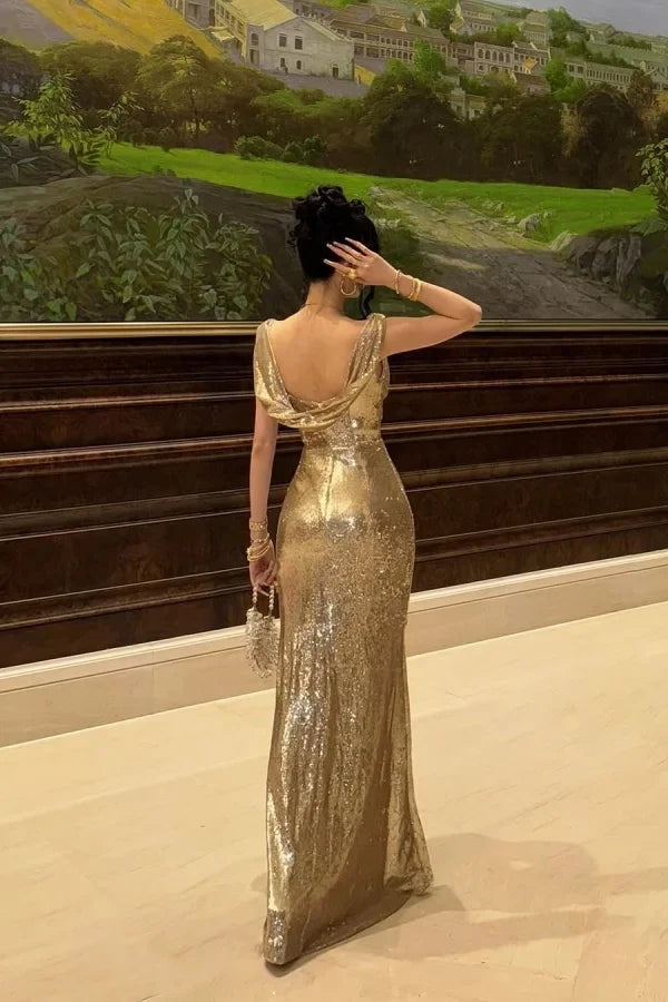 Gold Opulent Mermaid Off-the-Shoulder Floor-Length Party Dress