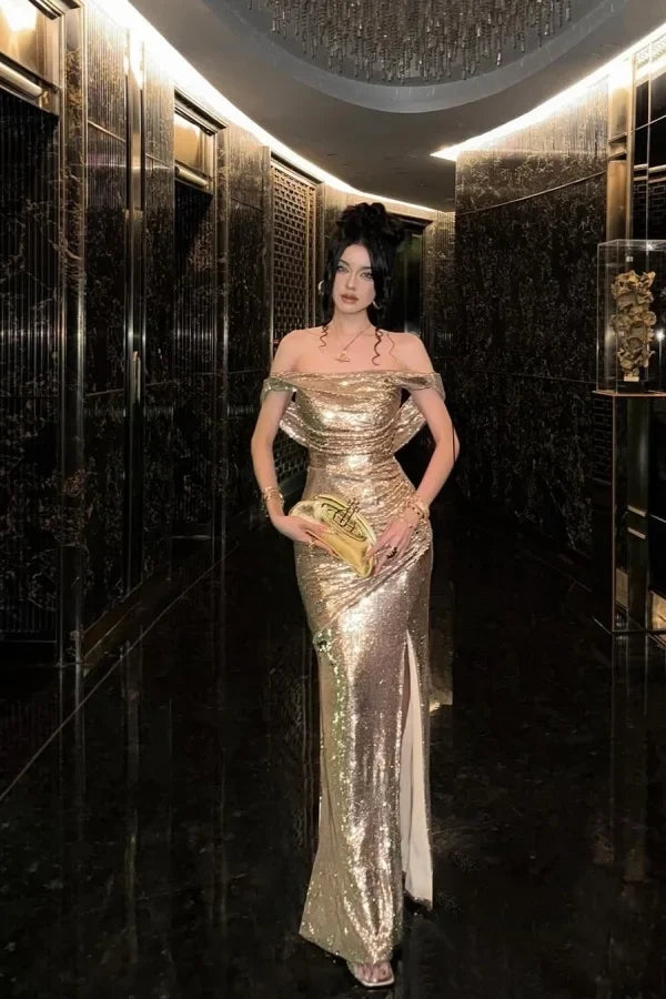 Gold Opulent Mermaid Off-the-Shoulder Floor-Length Party Dress