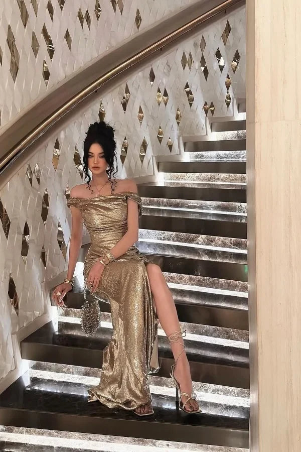 Gold Opulent Mermaid Off-the-Shoulder Floor-Length Party Dress