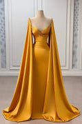 Gold Opulent Mermaid Sweetheart Neck Cape-Sleeved Beaded Maxi Prom Dress for Women Custom