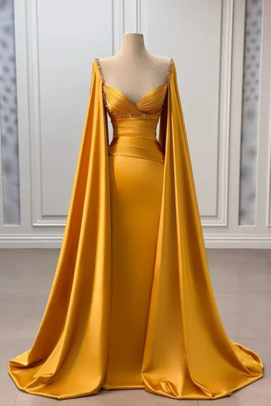 Gold Opulent Mermaid Sweetheart Neck Cape-Sleeved Beaded Maxi Prom Dress for Women Custom
