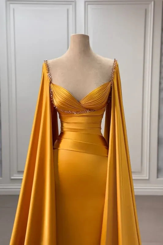 Gold Opulent Mermaid Sweetheart Neck Cape-Sleeved Beaded Maxi Prom Dress for Women Custom
